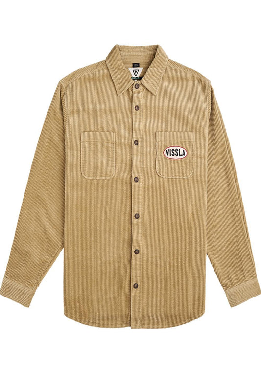 Vissla Blink Woven Shirt in light khaki, front view with button-up design.