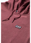 Close-up of Vissla Solid Sets Eco Po Hoodie in SRD color with logo detail.