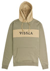 Vissla William Fleece hoodie in fatigue green with beige accents, front view.