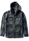 Vissla Eco-Zy Shirt Jacket in Dark Naval with plaid design and hood, front view.