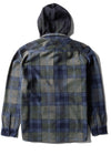 Vissla Eco-Zy Shirt Jacket in Dark Naval with plaid design and hood, back view.