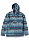 Vissla Eco-Zy Shirt Jacket in sea water color with striped design and hood.