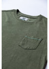 Close-up of Vissla Solid Sets Ss Pkt Tee pocket and neckline in Rifle green.