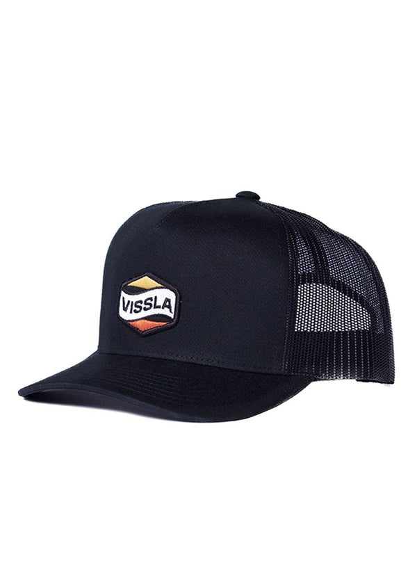 Vissla Solid Sets Eco Trucker Hat in black with mesh back and logo patch.