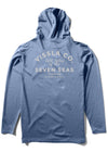 Vissla Twisted Eco Hooded Long Sleeve Lycra in blue, back view with printed design.