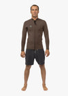 Vissla Solid Sets 2mm front zip wetsuit jacket in brown, full front view.