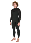 Front-side angle of Vissla New Seas 4-3 U-Zip Wetsuit in black, full-length view.