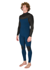 Vissla New Seas 4-3 U-Zip Wetsuit in black and blue, angled front view.