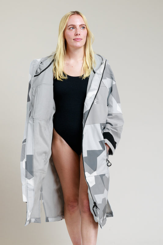 White Water Adult Soft Shell Robe in Arctic Camo, open front showing interior.