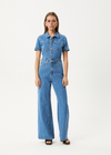 Afends Miami- Denim Flared Jumpsuit - worn blue