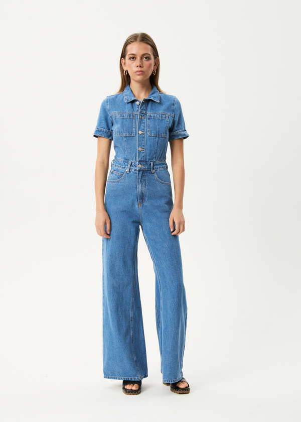 Afends Miami- Denim Flared Jumpsuit - worn blue