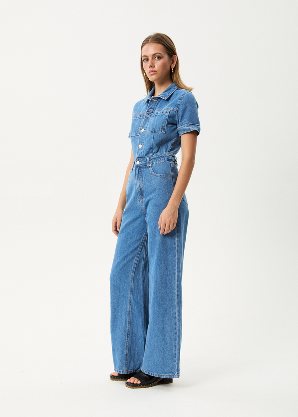 Afends Miami- Denim Flared Jumpsuit - worn blue