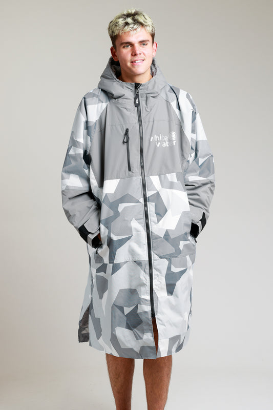 White Water Adults Hard Shell Robe in Arctic Camo/Grey, front view on male model.