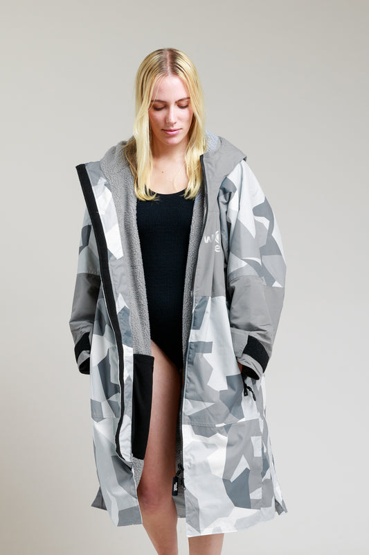 White Water Adults Hard Shell Robe in Arctic Camo/Grey, front view on female model.