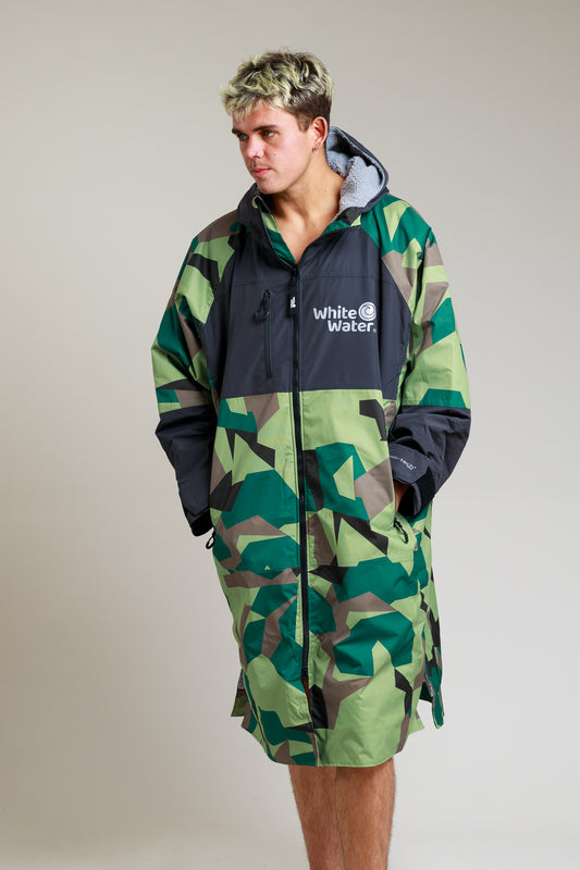 White Water Adults Hard Shell Robe in camo design, front view with hood.