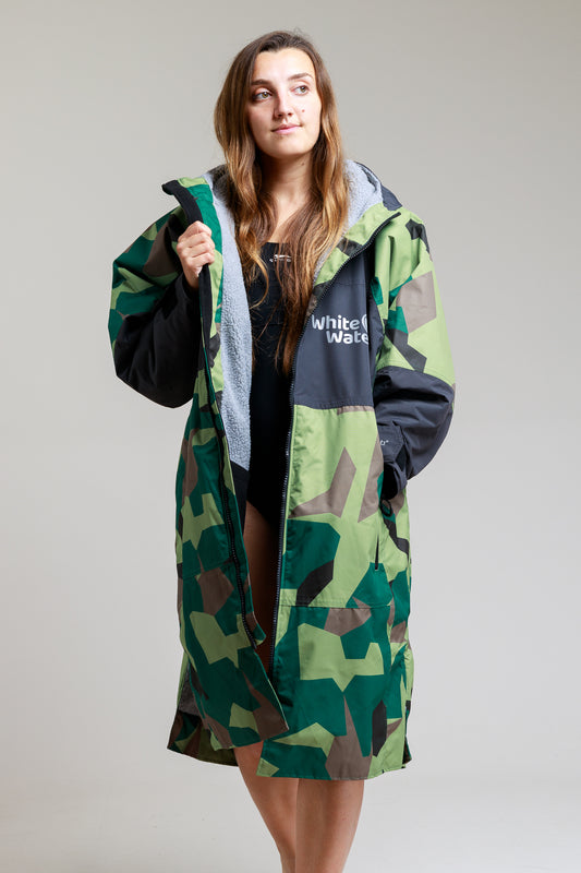 White Water Adults Hard Shell Robe in camo, worn by a woman, unzipped front.