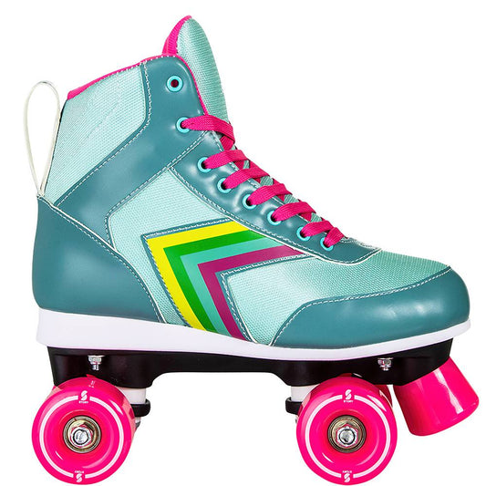 Story Spectrum Side by Side Skates in blue with pink wheels and colorful accents.