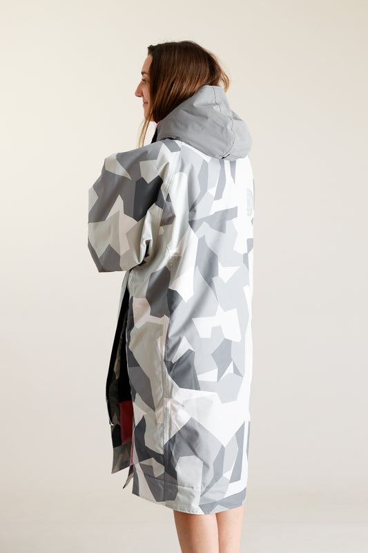 White Water adult hard shell robe in Arctic camo with pink lining, back view.