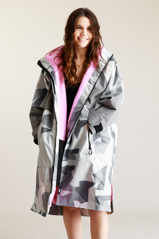 White Water adult hard shell robe in Arctic camo with pink lining, front view.