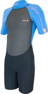 Alder Impact Junior Shortie 3/2 kids wetsuit in Pacific blue and black.