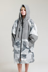 White Water Kids Hard Shell Robe in Arctic Camo/Grey with hood up and full zip.