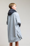 Back view of Grey White Water kids hard shell robe with hood.