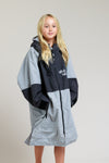 Grey White Water kids hard shell robe with hood, front view.