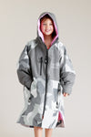 White Water Kids Hard Shell Robe in Arctic Camo with pink lining, hooded front view.