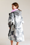 White Water Kids Hard Shell Robe in Arctic Camo with pink lining, back view.