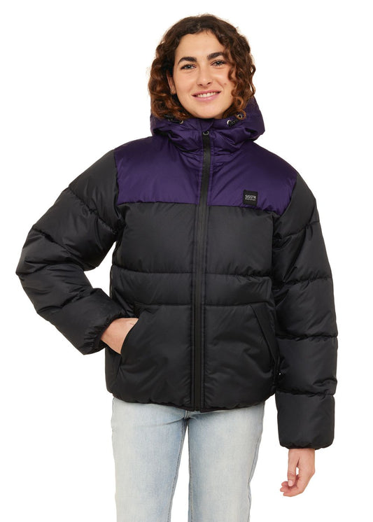 Sisstrevolution Rita Puff Jacket in black with purple accents, front view.