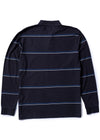 Vissla Creators Mariner Eco LS Polo in black with blue stripes, back view.