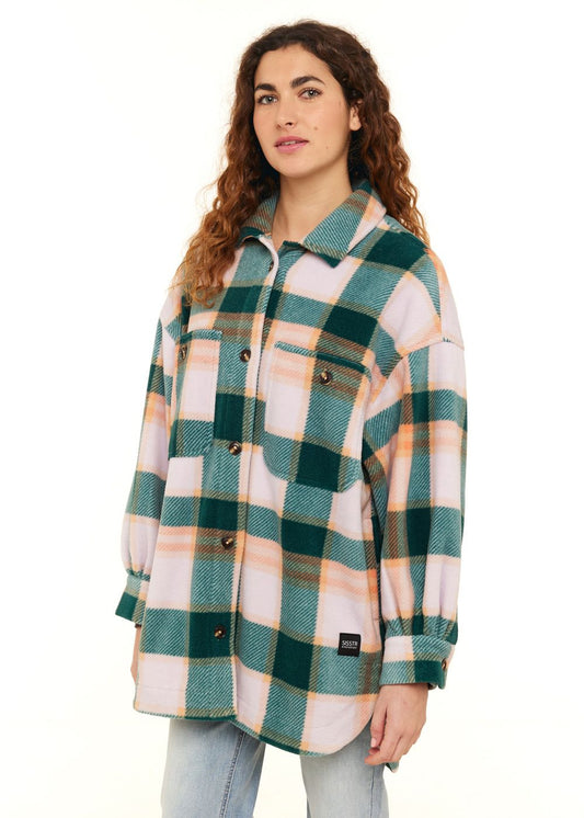 Sisstrevolution Palma Eco-zy Overshirt in coral plaid, angled front view.