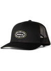 Vissla Trespassers Eco Trucker Hat in black with mesh back and logo patch.