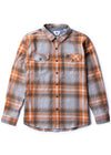 Vissla Central Coast Eco LS Flannel in oxide with orange and gray plaid design.