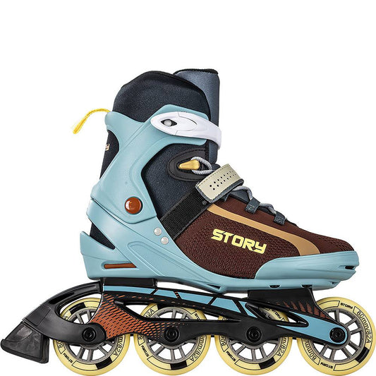 Story Union Inline Skates in brown and blue with durable wheels and sleek design.