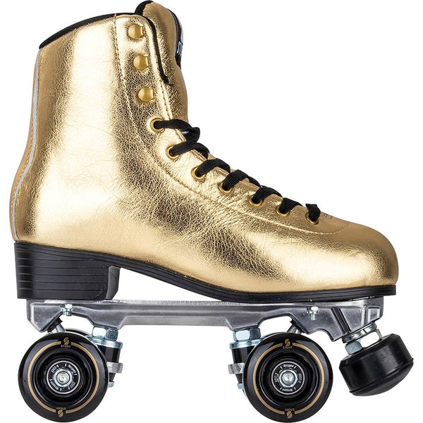 Side view of gold Story Disco Side by Side Skates with durable black wheels.