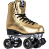 Shiny gold Story Disco Roller Skates featuring black accents and sturdy design.