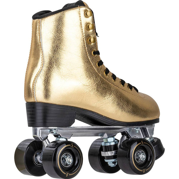 Gold Story Disco Side by Side Skates with black wheels and laces.