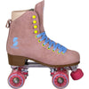 Story Duchess pink side-by-side roller skates with blue laces and pink wheels.