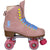 Story Duchess pink side-by-side roller skates with blue laces and pink wheels.