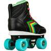 Rear view of Story Spectrum Side by Side Skates in black with colorful accents and teal wheels.