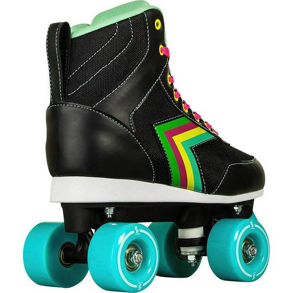 Rear view of Story Spectrum Side by Side Skates in black with colorful accents and teal wheels.