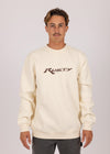 Rusty Ninety Mile Crewneck Fleece in cream with front logo design.