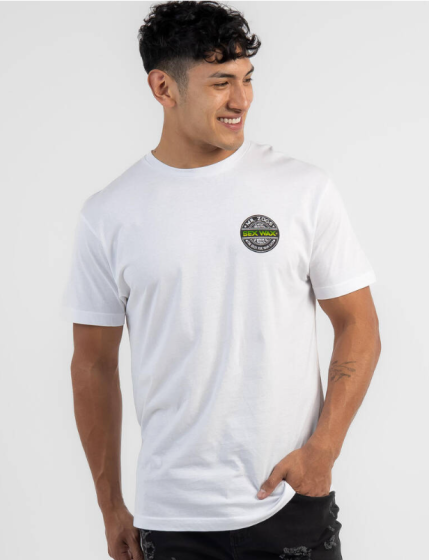 Front view of the Sexwax Word Fade Tee in green, worn by a smiling model.