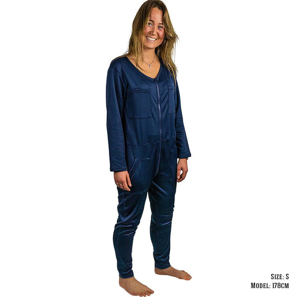 Annox Fleece Full Suit in navy, cozy one-piece snow suit for women.
