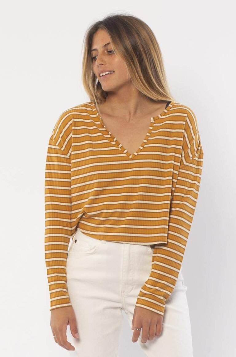 Sisstrevolution Birdie Long Sleeve Knit Top – Amber Striped V-Neck