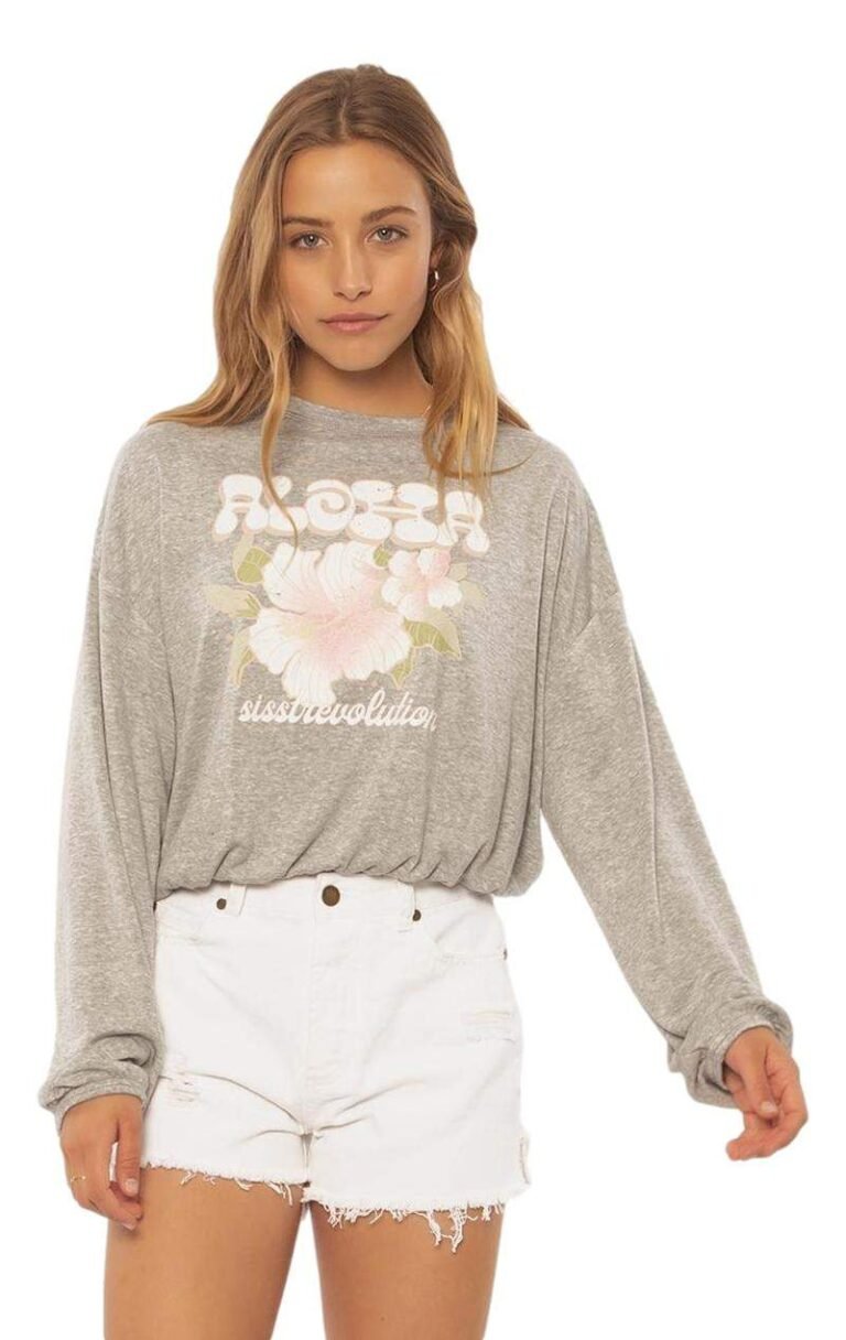 Sisstrevolution Surf Check Knit Top – Grey Heather long sleeve fleece with retro graphics