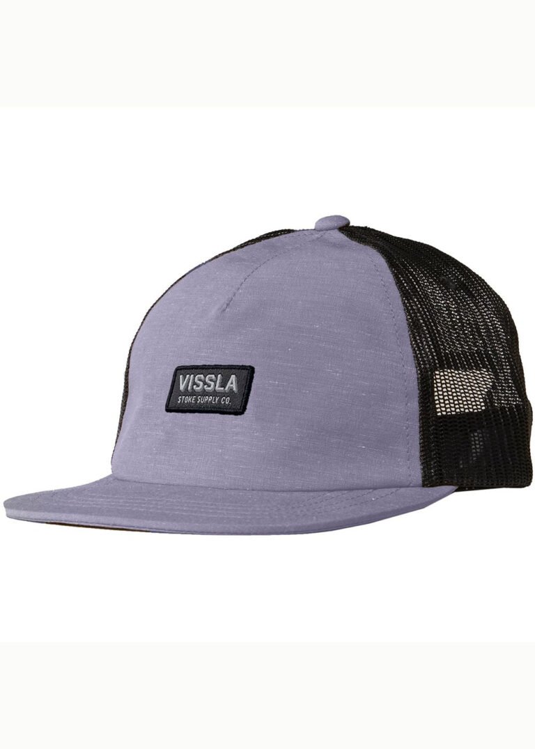Vissla Lay Day Eco Trucker II Hat in Dusty Lilac – eco-friendly 5-panel hat with adjustable strap and packable/floatable bill