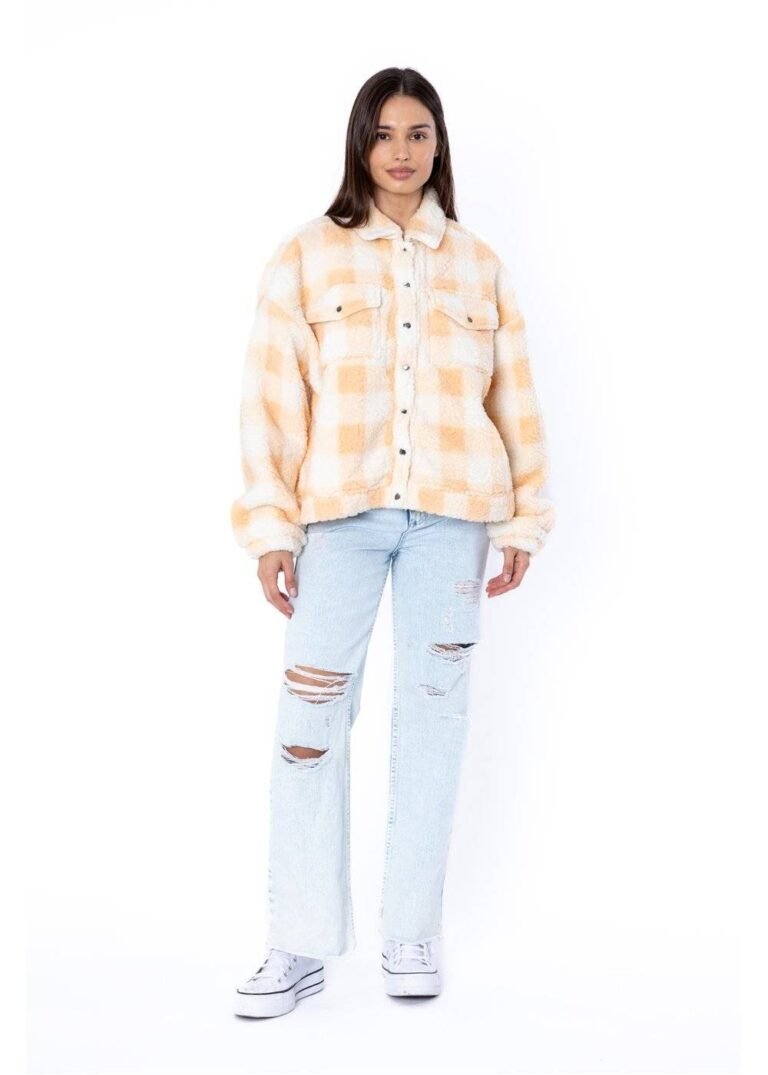 Sisstr Short Sand Jacket in shell color, front view with plaid design.