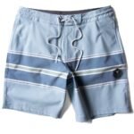 Vissla Free Lap 18.5" boardshort in stone blue with striped design, front view.